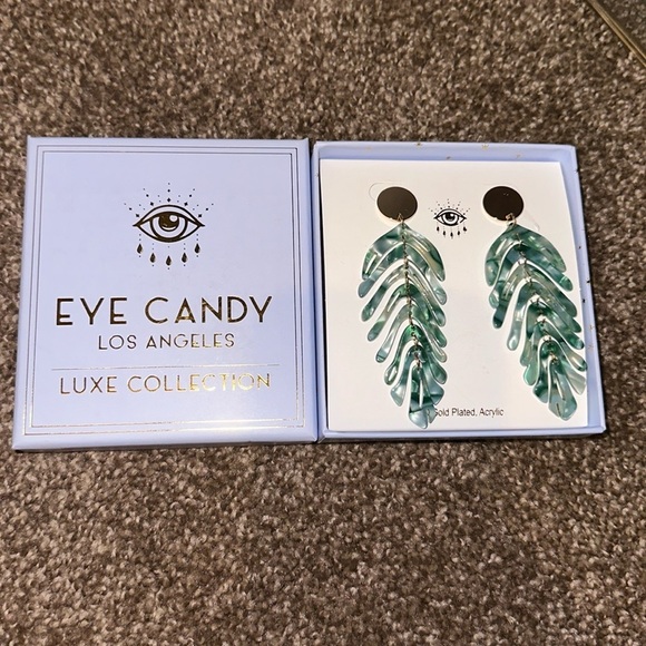 New Green Leaf Eye Candy chandelier earrings gold circle fashion jewelry boho - Picture 3 of 3